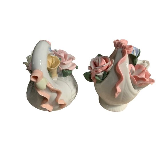 Vintage Porcelain Swan & Basket Figurines With Florals - Picture 10 of 15